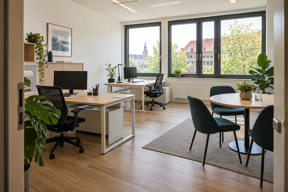 KI-generierter Beispielraum: gepflegtes Büro mit hellen Holzflächen und Tageslicht